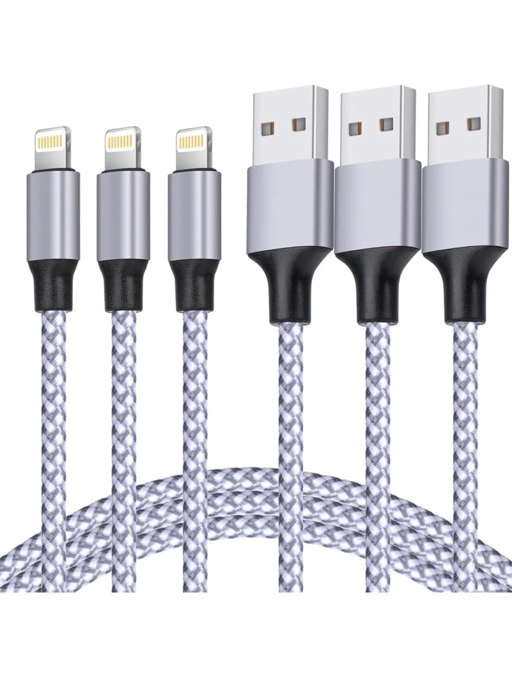 Universal Braided Lightning to USB Charging Cable - Silver (4 Pack)